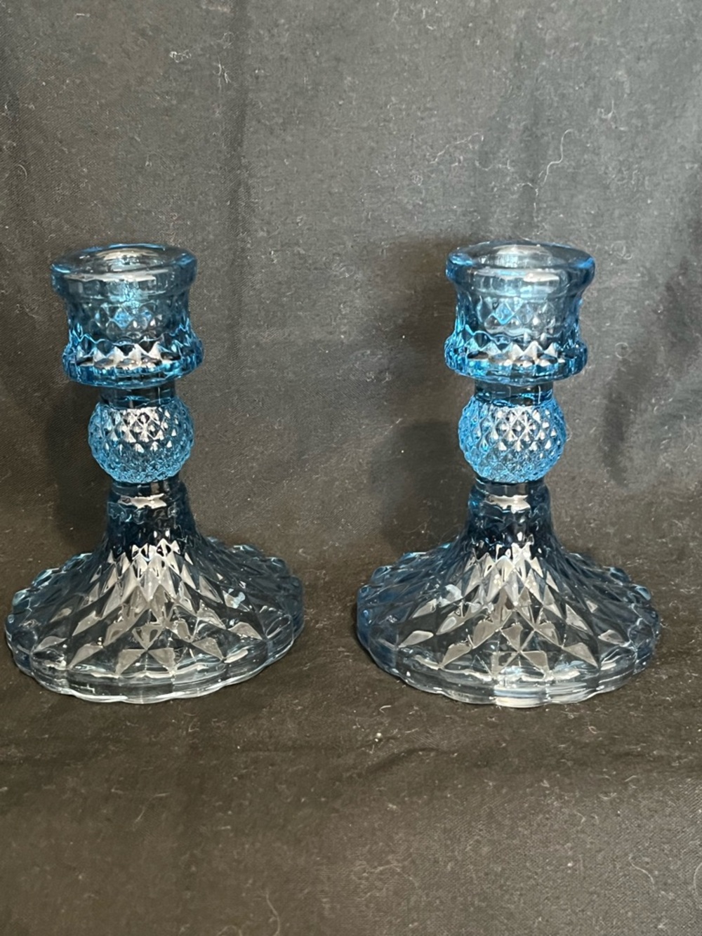Blue Pressed Glass Candlestick Pair - Elegant Home Accent